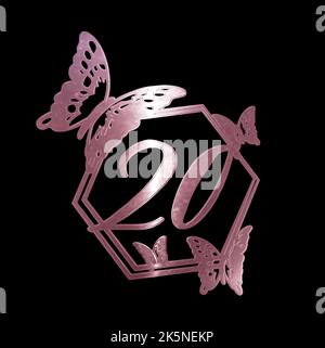 3d illustrazione numero 30 oro rosa con farfalle sfondo nero compleanno Foto Stock