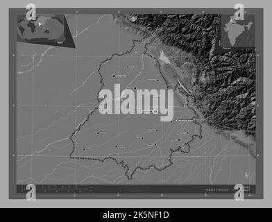 Punjab, stato dell'India. Mappa altimetrica bilivello con laghi e fiumi. Località e nomi delle principali città della regione. Mappe delle posizioni ausiliarie degli angoli Foto Stock