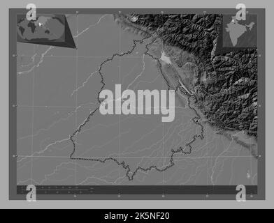 Punjab, stato dell'India. Mappa altimetrica bilivello con laghi e fiumi. Mappe delle posizioni ausiliarie degli angoli Foto Stock