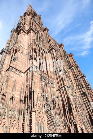 Statue di santi e religiosi sulla facciata dell'antica cattedrale di Notre Dame di Strasburgo in Francia Foto Stock