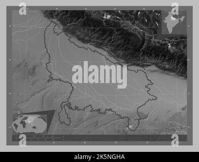 Utttar Pradesh, stato dell'India. Mappa in scala di grigi con laghi e fiumi. Mappe delle posizioni ausiliarie degli angoli Foto Stock