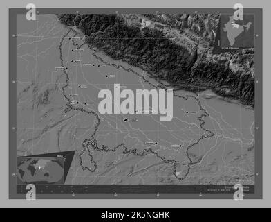 Utttar Pradesh, stato dell'India. Mappa altimetrica bilivello con laghi e fiumi. Località e nomi delle principali città della regione. Posizione ausiliaria d'angolo Foto Stock