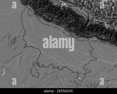 Utttar Pradesh, stato dell'India. Mappa altimetrica bilivello con laghi e fiumi Foto Stock