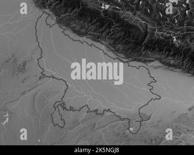 Utttar Pradesh, stato dell'India. Mappa in scala di grigi con laghi e fiumi Foto Stock