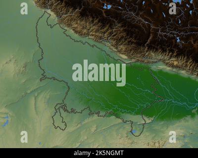 Utttar Pradesh, stato dell'India. Mappa di altitudine colorata con laghi e fiumi Foto Stock