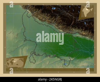 Utttar Pradesh, stato dell'India. Mappa di altitudine colorata con laghi e fiumi. Mappe delle posizioni ausiliarie degli angoli Foto Stock