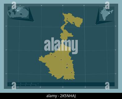 Bengala Occidentale, stato dell'India. Forma a tinta unita. Posizioni delle principali città della regione. Mappe delle posizioni ausiliarie degli angoli Foto Stock