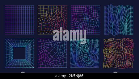 Griglia retrò deformata. NFT cyber gravity grid, warp tunnel retrogave 80s colori neon prisma vaporwave cyberpunk 90s techno pattern glitch computer sfondo arish vettoriale illustrazione di retrofuristico Illustrazione Vettoriale