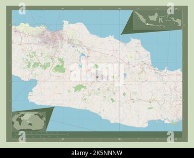 Jawa Barat, provincia dell'Indonesia. Aprire la mappa stradale. Mappe delle posizioni ausiliarie degli angoli Foto Stock