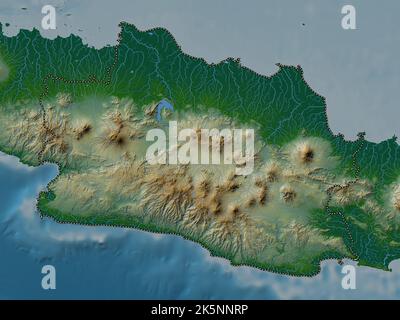 Jawa Barat, provincia dell'Indonesia. Mappa di altitudine colorata con laghi e fiumi Foto Stock