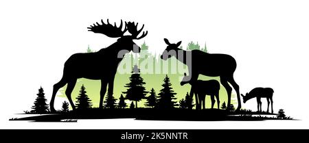 Elk maschio con corna grande e con Moose femmina con cub Elk. Glade in foresta di conifere. Immagine della silhouette. Animali in natura. Isolato su bianco Illustrazione Vettoriale