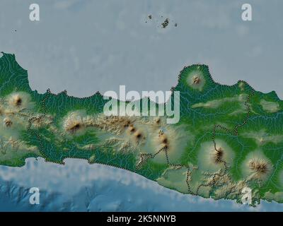 Jawa Tengah, città dell'Indonesia. Mappa di altitudine colorata con laghi e fiumi Foto Stock