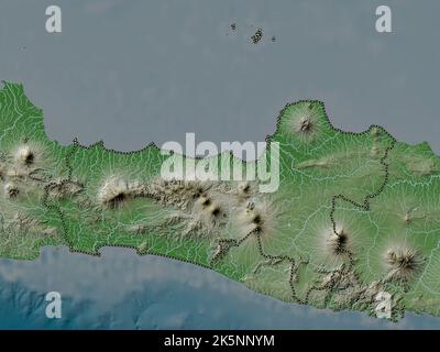 Jawa Tengah, città dell'Indonesia. Mappa dell'altitudine colorata in stile wiki con laghi e fiumi Foto Stock