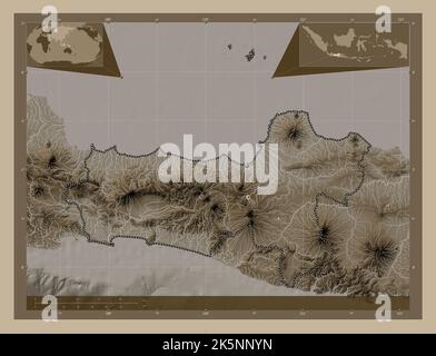 Jawa Tengah, città dell'Indonesia. Mappa dell'altitudine colorata in tonalità seppia con laghi e fiumi. Mappe delle posizioni ausiliarie degli angoli Foto Stock