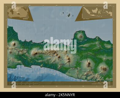 Jawa Tengah, città dell'Indonesia. Mappa di altitudine colorata con laghi e fiumi. Località e nomi delle principali città della regione. Posizione ausiliaria d'angolo Foto Stock