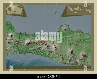 Jawa Tengah, città dell'Indonesia. Mappa dell'altitudine colorata in stile wiki con laghi e fiumi. Mappe delle posizioni ausiliarie degli angoli Foto Stock