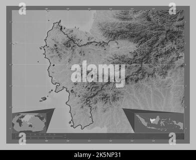 Kalimantan Barat, provincia dell'Indonesia. Mappa in scala di grigi con laghi e fiumi. Posizioni delle principali città della regione. Posizione ausiliaria d'angolo Foto Stock
