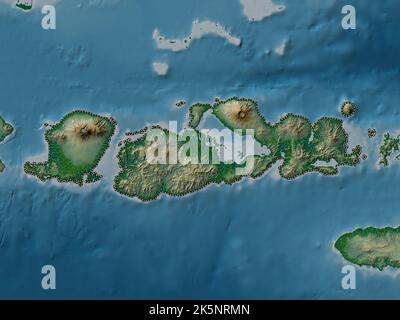 Nusa Tenggara Barat, provincia dell'Indonesia. Mappa di altitudine colorata con laghi e fiumi Foto Stock