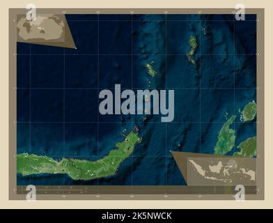 Sulawesi Utara, provincia dell'Indonesia. Mappa satellitare ad alta risoluzione. Mappe delle posizioni ausiliarie degli angoli Foto Stock