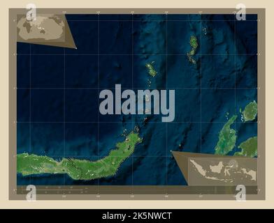 Sulawesi Utara, provincia dell'Indonesia. Mappa satellitare ad alta risoluzione. Posizioni delle principali città della regione. Mappe delle posizioni ausiliarie degli angoli Foto Stock