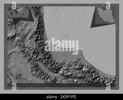 Gilan, provincia dell'Iran. Mappa altimetrica bilivello con laghi e fiumi. Posizioni delle principali città della regione. Mappe delle posizioni ausiliarie degli angoli Foto Stock