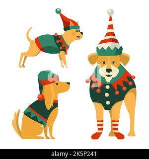 Divertente gruppo di cani in costume di elfo di Natale vettore Illustrazione Vettoriale