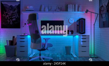 Illuminazione multicolore nel soggiorno. Rendering 3D Foto Stock
