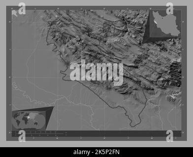 ILAM, provincia dell'Iran. Mappa altimetrica bilivello con laghi e fiumi. Mappe delle posizioni ausiliarie degli angoli Foto Stock