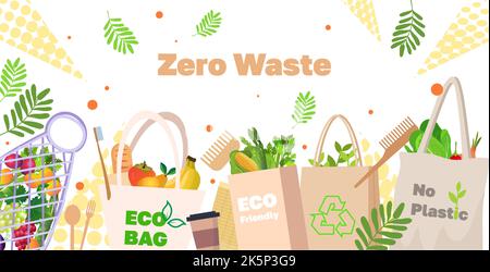 sacchetti naturali ecologici con frutta e verdura biologica pacchetto lifestyle sostenibile concetto di shopping libero cibo Illustrazione Vettoriale