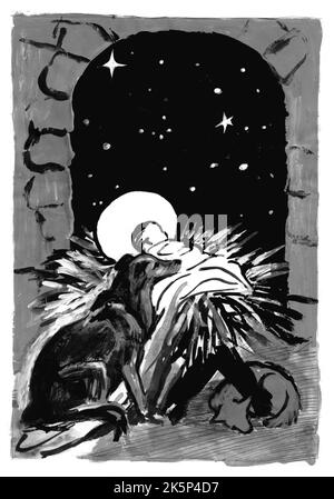 Natale, scheda fatta a mano, versione con animali domestici. Due cani dormono in una stalla dal neonato Gesù. Illustrazione monocromatica fatta a mano. Foto Stock