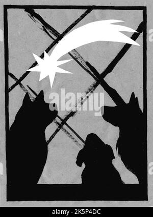 Natale, scheda fatta a mano, versione animale. Cani senza casa in un rifugio guardare la stella di Betlemme. Non dimentichiamo gli animali durante le vacanze. Foto Stock