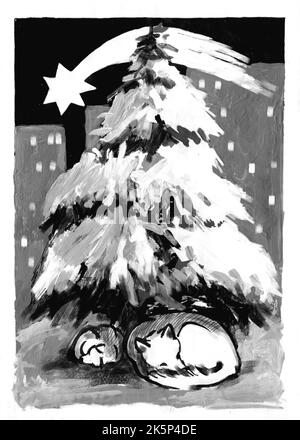 Festa di Natale, biglietto fatto a mano, versione animale. I cani senza tetto dormono sotto l'albero di Natale. Non dimentichiamo gli animali domestici a Natale. Foto Stock