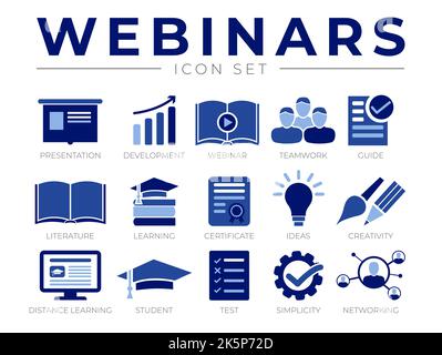 Set di icone colorate blu per i webinar. Presentazione, sviluppo, webinar, networking, lavoro di squadra, Guida, Letteratura, apprendimento, certificato, idee, Creatività Illustrazione Vettoriale