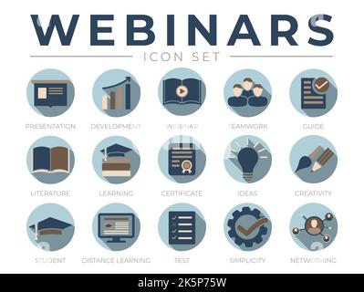 Set di icone per webinar maschili per l'uomo. Presentazione, sviluppo, webinar, networking, lavoro di squadra, Guida, Letteratura, apprendimento, certificato, idee Illustrazione Vettoriale