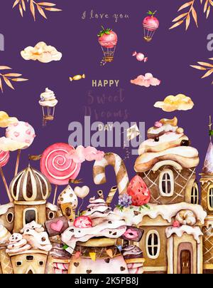 Dolce terra acquerello illustrazione, wonderland. Cartoon fantasia caramelle case e favola dolci castelli. Cioccolato, pan di zenzero e gelato Foto Stock