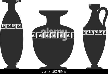 Set di silhouette in vaso. Vari vasi antichi in ceramica. Antiche giare greche e sagome di anfore. Vasi di argilla illustrazione di ceramica. Illustrazione Vettoriale