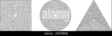 Set di forme granulose punteggiate. Quadrato, cerchio e triangolo puntinato. Forme geometriche di rumore di grana. Collezione di punti stocastici. Illustrazione Vettoriale