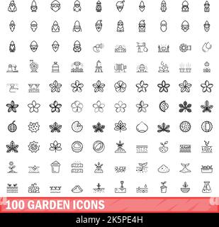 100 icone giardino impostate. Illustrazione del contorno di 100 icone del giardino insieme vettoriale isolato su sfondo bianco Illustrazione Vettoriale