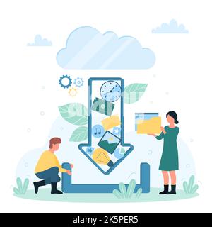 Download di dati e informazioni dall'illustrazione del vettore cloud. Cartoon le persone più piccole caricano documenti digitali, video e file musicali per il lavoro o il divertimento, tenendo grandi icone di download e cartelle di backup Illustrazione Vettoriale