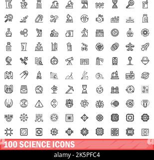 set di 100 icone scientifiche. Illustrazione di un vettore di 100 icone scientifiche isolato su sfondo bianco Illustrazione Vettoriale