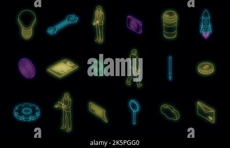 Set di icone di gestione prodotti. Set isometrico di icone vettoriali per il product manager colore neon nero Illustrazione Vettoriale