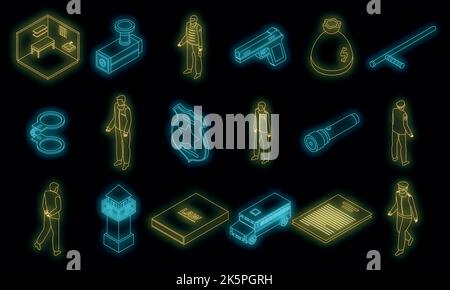 Icone carcere set. Set isometrico di icone vettoriali di prigione di colore neon su nero Illustrazione Vettoriale