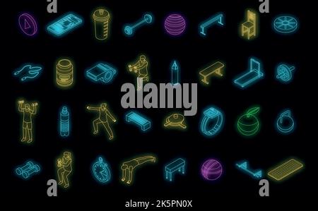 Set di icone per l'allenamento a casa. Set isometrico di icone vettoriali di addestramento domestico colore neon nero Illustrazione Vettoriale