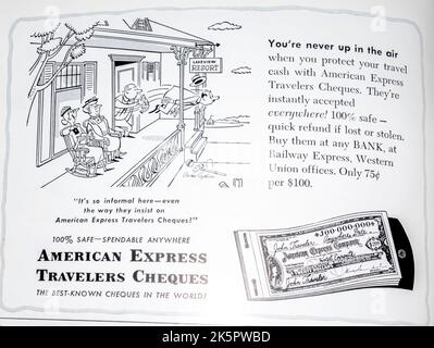 American express travellers controlla l'annuncio nella rivista NatGeo, 1954 Foto Stock