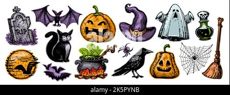 Collezione di decorazioni retrò di Halloween. Insieme di elementi divertenti e spaventosi per le vacanze. Illustrazione del vettore dei colori Illustrazione Vettoriale