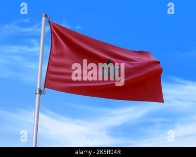 Bella bandiera del Marocco che ondola nel vento con sfondo cielo - 3D illustrazione - 3D rendering Foto Stock