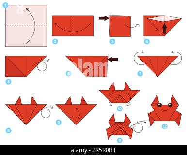 Tutorial Origami. Schema Origami per bambini Granchio. Illustrazione Vettoriale