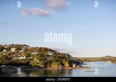 Estuario di Salcombe Kingsbridge, che guarda lungo il fiume verso Salcombe Harbour/Village, Una meravigliosa cittadina balneare sulla costa sud-occidentale del Devon, Regno Unito. Una delle seconde sedi più costose del Regno Unito. Foto Stock