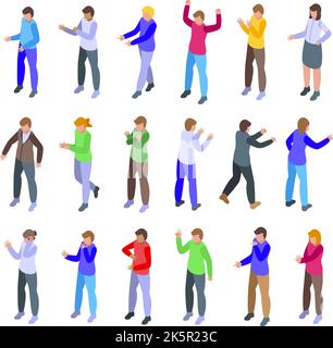 Le persone che parlano con le icone dei gesti della mano impostano il vettore isometrico. Pronunciare le persone. Ciao sordi Illustrazione Vettoriale