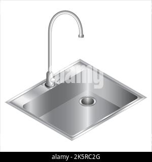 illustrazione vettoriale di un rubinetto d'acqua e lavello per il lavaggio di stoviglie e utensili da cucina isolati su sfondo bianco Illustrazione Vettoriale